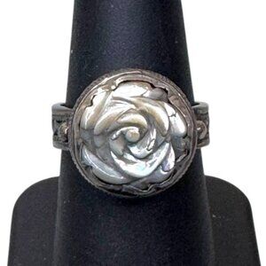 Vintage 925 Silver Rose Ring Carved Mother Of Pearl Cabochon Size 7 Art Deco
